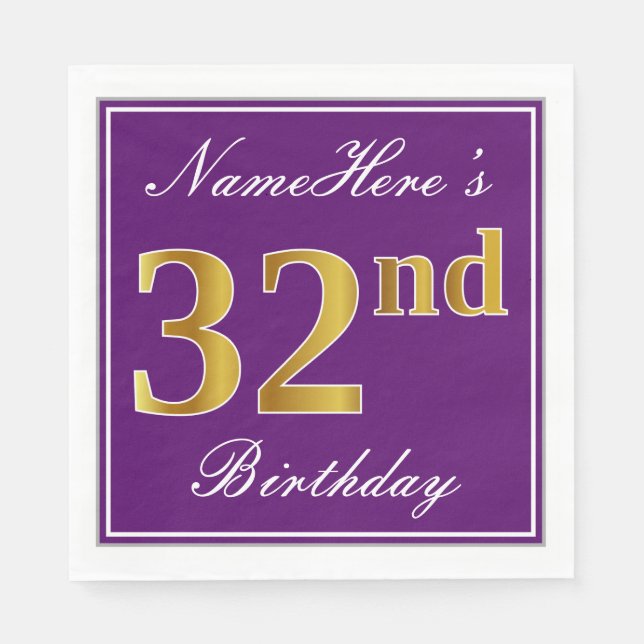 Elegant Purple, Faux Gold 32nd Birthday + Name Napkins (Front)