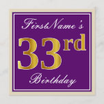 [ Thumbnail: Elegant, Purple, Faux Gold 33rd Birthday + Name Invitation ]