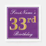 [ Thumbnail: Elegant Purple, Faux Gold 33rd Birthday + Name Napkins ]