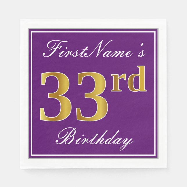 Elegant Purple, Faux Gold 33rd Birthday + Name Napkins (Front)