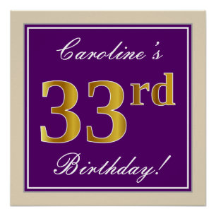 Elegant, Purple, Faux Gold 33rd Birthday + Name Poster