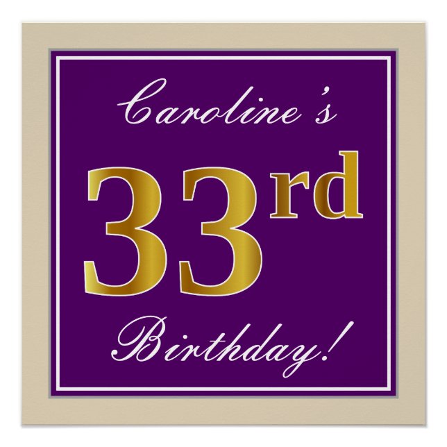Elegant, Purple, Faux Gold 33rd Birthday + Name Poster (Front)