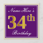 [ Thumbnail: Elegant, Purple, Faux Gold 34th Birthday + Name Invitation ]