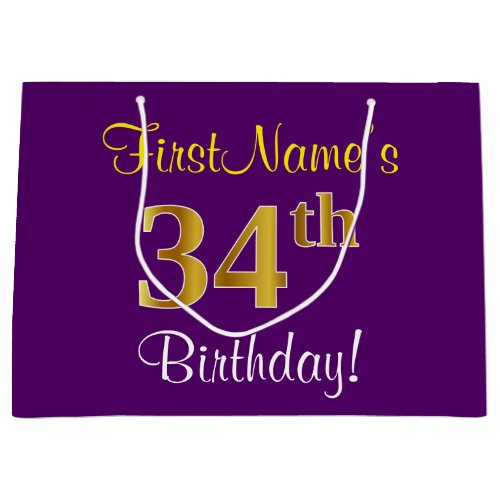 Elegant Purple Faux Gold 34th Birthday  Name Large Gift Bag