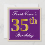 [ Thumbnail: Elegant, Purple, Faux Gold 35th Birthday + Name Invitation ]