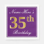 [ Thumbnail: Elegant Purple, Faux Gold 35th Birthday + Name Napkins ]