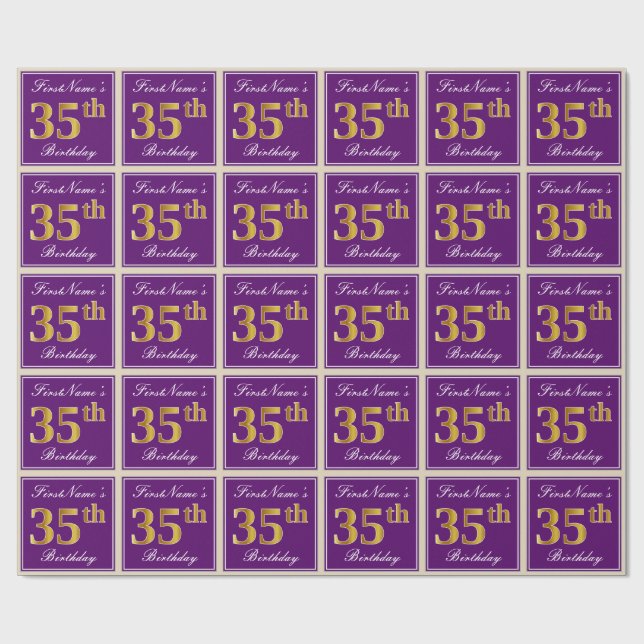 Elegant, Purple, Faux Gold 35th Birthday + Name Wrapping Paper (Flat)