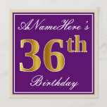 [ Thumbnail: Elegant, Purple, Faux Gold 36th Birthday + Name Invitation ]