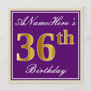Elegant, Purple, Faux Gold 36th Birthday + Name Invitation