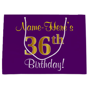 Elegant, Purple, Faux Gold 36th Birthday + Name Large Gift Bag