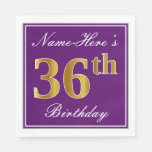 [ Thumbnail: Elegant Purple, Faux Gold 36th Birthday + Name Napkins ]
