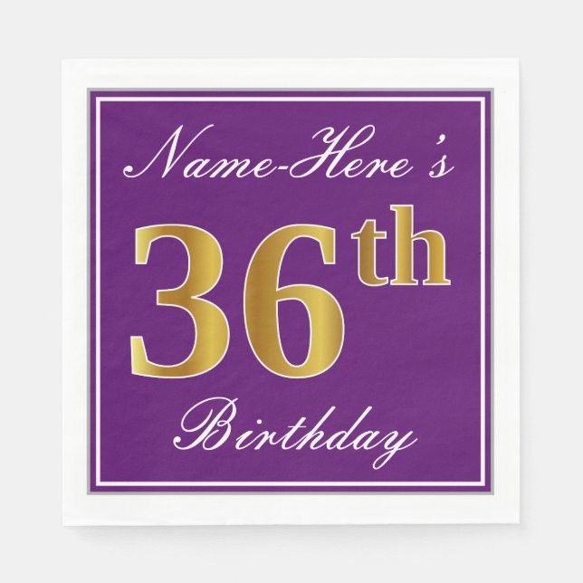 Elegant Purple, Faux Gold 36th Birthday + Name Napkins (Front)
