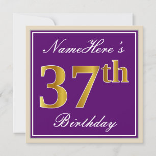 Elegant, Purple, Faux Gold 37th Birthday + Name Invitation