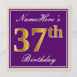 [ Thumbnail: Elegant, Purple, Faux Gold 37th Birthday + Name Invitation ]