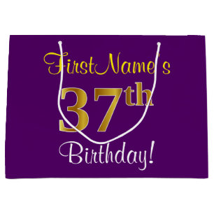 Elegant, Purple, Faux Gold 37th Birthday + Name Large Gift Bag