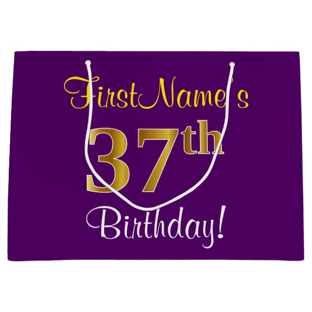 Elegant, Purple, Faux Gold 37th Birthday + Name Large Gift Bag (Front)