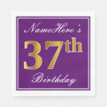 [ Thumbnail: Elegant Purple, Faux Gold 37th Birthday + Name Napkins ]