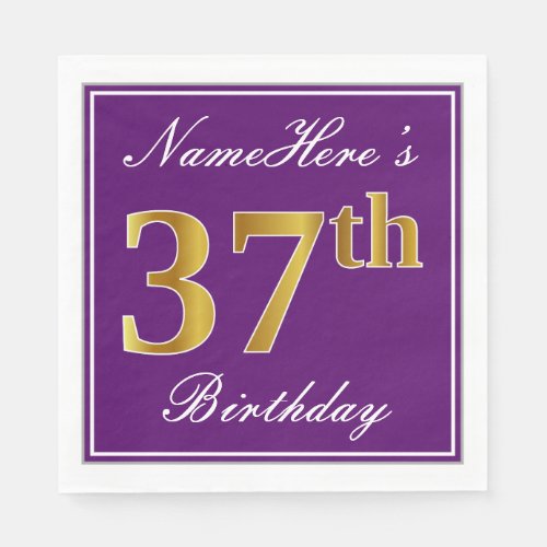 Elegant Purple Faux Gold 37th Birthday  Name Napkins