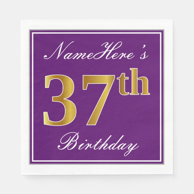 Elegant Purple, Faux Gold 37th Birthday + Name Napkins (Front)