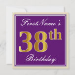 [ Thumbnail: Elegant, Purple, Faux Gold 38th Birthday + Name Invitation ]
