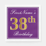 [ Thumbnail: Elegant Purple, Faux Gold 38th Birthday + Name Napkins ]