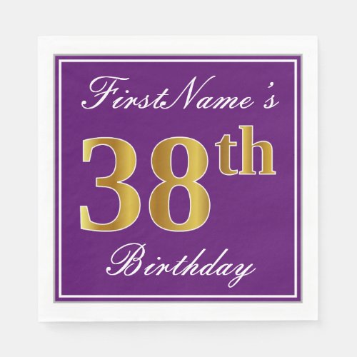 Elegant Purple Faux Gold 38th Birthday  Name Napkins