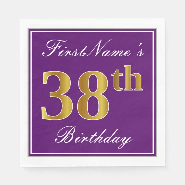Elegant Purple, Faux Gold 38th Birthday + Name Napkins (Front)
