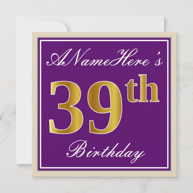 Elegant, Purple, Faux Gold 39th Birthday + Name Invitation (Front)