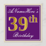 [ Thumbnail: Elegant, Purple, Faux Gold 39th Birthday + Name Invitation ]