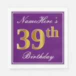 [ Thumbnail: Elegant Purple, Faux Gold 39th Birthday + Name Napkins ]