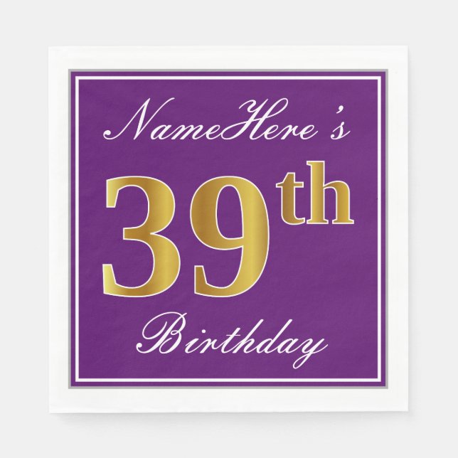 Elegant Purple, Faux Gold 39th Birthday + Name Napkins (Front)