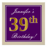 [ Thumbnail: Elegant, Purple, Faux Gold 39th Birthday + Name Poster ]