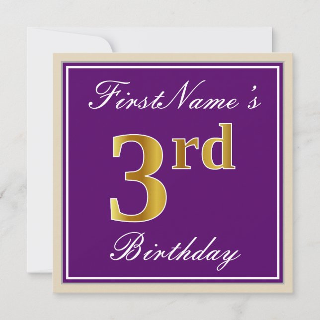 Elegant, Purple, Faux Gold 3rd Birthday + Name Invitation (Front)