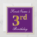 [ Thumbnail: Elegant, Purple, Faux Gold 3rd Birthday + Name Invitation ]