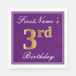 [ Thumbnail: Elegant Purple, Faux Gold 3rd Birthday + Name Napkins ]