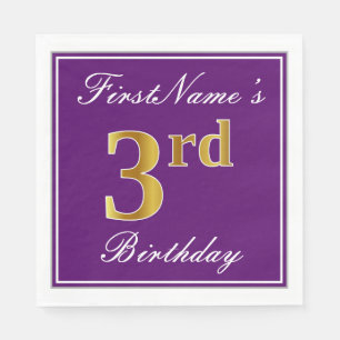 Elegant Purple, Faux Gold 3rd Birthday + Name Paper Napkins