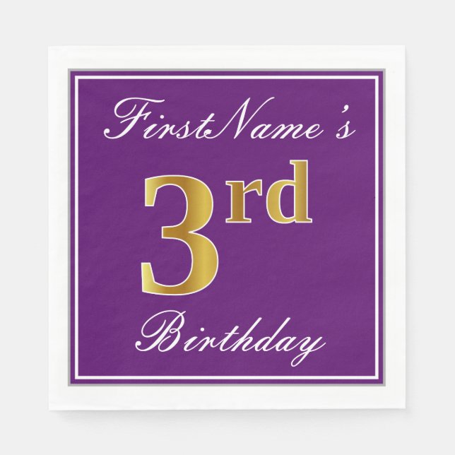 Elegant Purple, Faux Gold 3rd Birthday + Name Paper Napkins (Front)