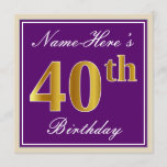 [ Thumbnail: Elegant, Purple, Faux Gold 40th Birthday + Name Invitation ]