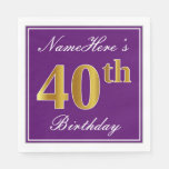 [ Thumbnail: Elegant Purple, Faux Gold 40th Birthday + Name Paper Napkin ]