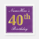 [ Thumbnail: Elegant Purple, Faux Gold 40th Birthday + Name Napkins ]