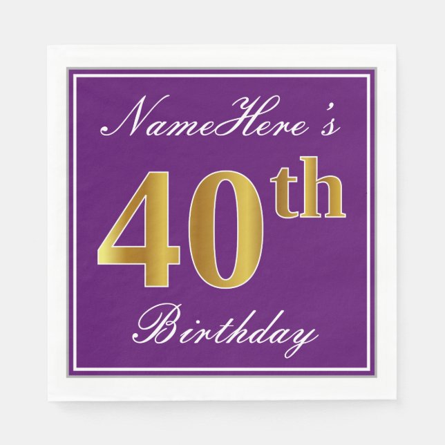 Elegant Purple, Faux Gold 40th Birthday + Name Paper Napkins (Front)