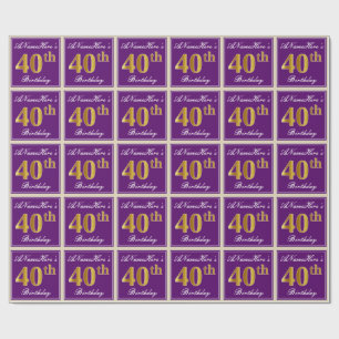 Elegant, Purple, Faux Gold 40th Birthday + Name Wrapping Paper