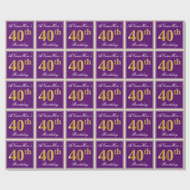 Elegant, Purple, Faux Gold 40th Birthday + Name Wrapping Paper (Flat)