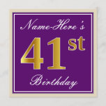 [ Thumbnail: Elegant, Purple, Faux Gold 41st Birthday + Name Invitation ]