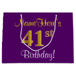 [ Thumbnail: Elegant, Purple, Faux Gold 41st Birthday + Name Gift Bag ]