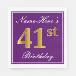 [ Thumbnail: Elegant Purple, Faux Gold 41st Birthday + Name Napkins ]