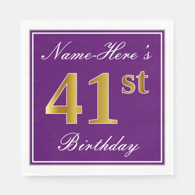 Elegant Purple, Faux Gold 41st Birthday + Name Napkins (Front)