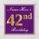 [ Thumbnail: Elegant, Purple, Faux Gold 42nd Birthday + Name Invitation ]