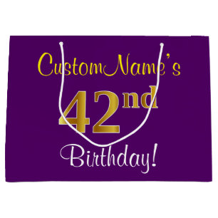 Elegant, Purple, Faux Gold 42nd Birthday + Name Large Gift Bag