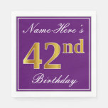 [ Thumbnail: Elegant Purple, Faux Gold 42nd Birthday + Name Napkins ]